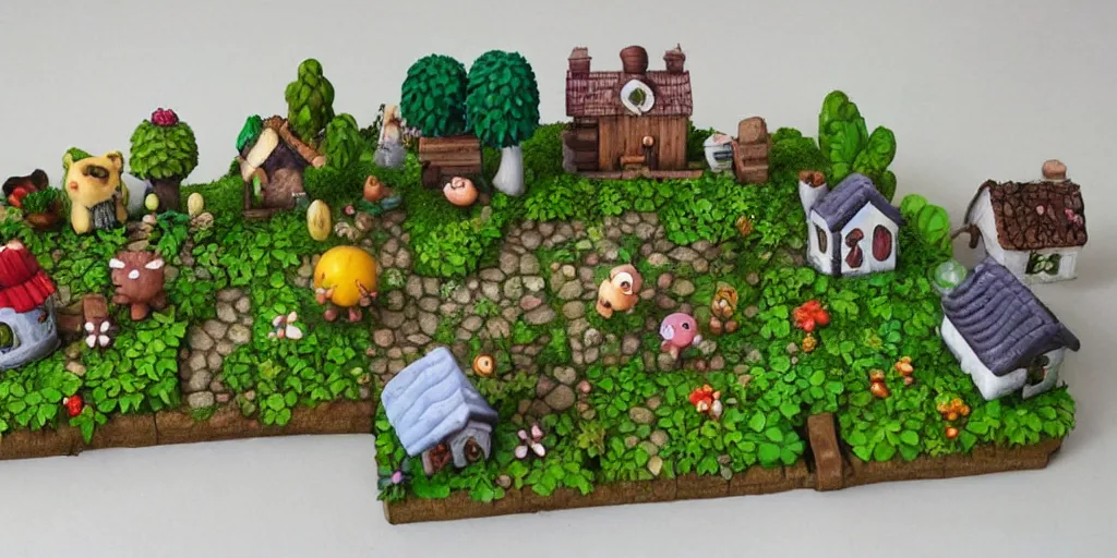 Image similar to small garden village dioarama, polymer clay, cottagecore, animal crossing, stardew valley, moss, village, plants, cute, friendly, studio ghibli