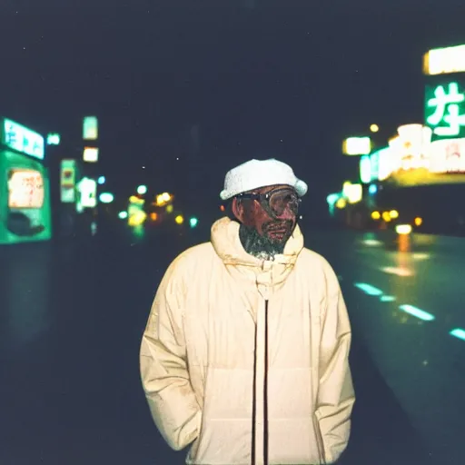 Image similar to old black man in tokyo at night, wearing ski goggles, cinestill 8 0 0,