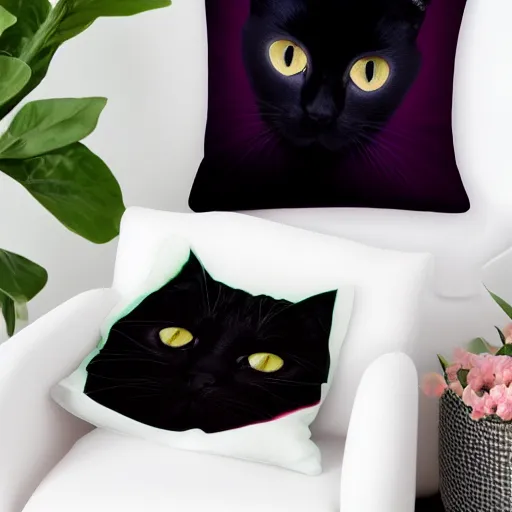 Prompt: Black skinny cat with dark green eyes sleeping on a pink gaming chair on a sakura pillow