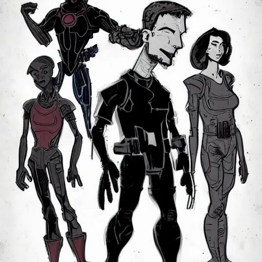 Prompt: character concept art, stylized proportions, human, large shoulders, thin long legs, the expanse tv series, in the style of mike mignola, trending on artstation