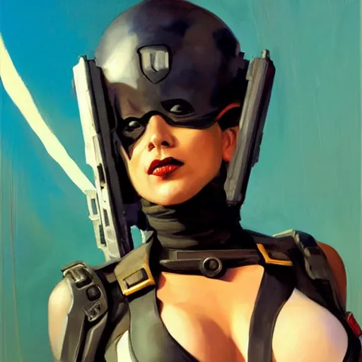 Image similar to greg manchess portrait painting of armored neena thurman aka domino as overwatch character, medium shot, asymmetrical, profile picture, organic painting, sunny day, matte painting, bold shapes, hard edges, street art, trending on artstation, by huang guangjian and gil elvgren and sachin teng