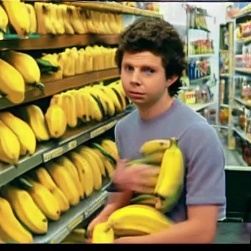 Image similar to cctv footage of Micheal Cera robbing a store with a banana
