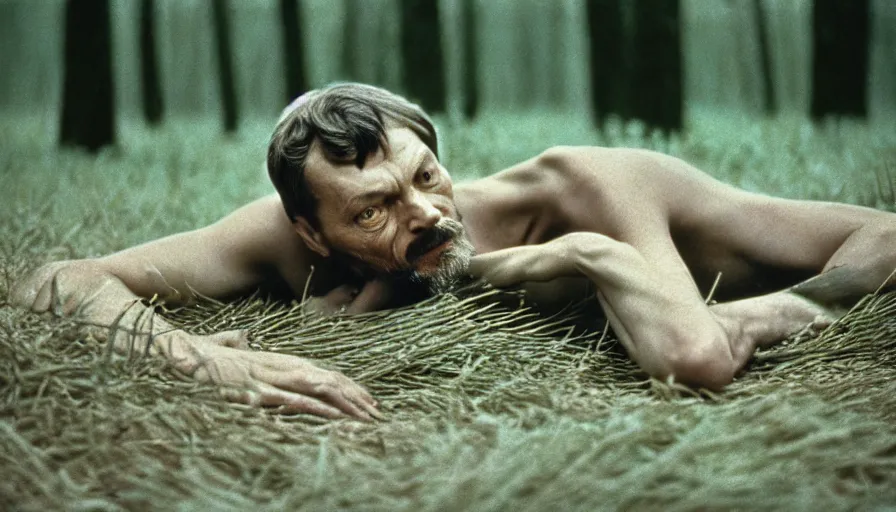 Prompt: 1 9 6 0 s movie still by tarkovsky close up of a skinny emperor marcus aurelius laying down on the danube's shore pine forests, cinestill 8 0 0 t 3 5 mm b & w, high quality, heavy grain, high detail, cinematic composition, dramatic light, anamorphic, hyperrealistic, very foggy, by irving penn