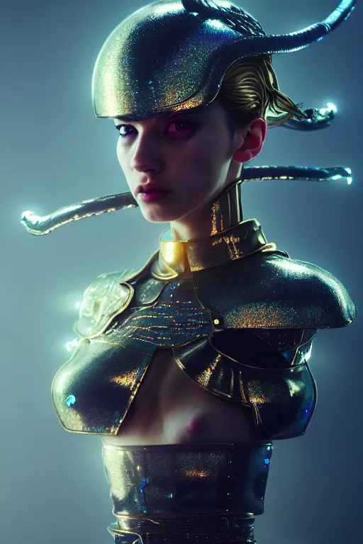 Image similar to hyperdetailed portrait of one stunningly beautiful european girl androgynous guard made of iridescent metals, smoke, leds, inspired by helmet newton, ross tran and wlop and masamune shirow and kuvshinov, concept art, intricate, photorealistic, octane render, rtx, hdr, unreal engine, dnd digital art by artgerm fine face