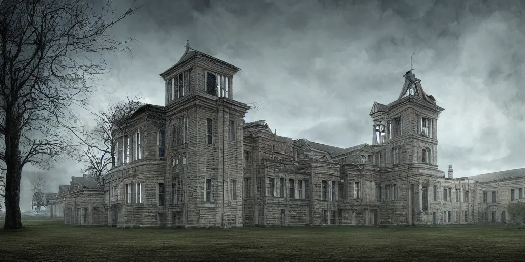 Prompt: Lunatic Asylum, by WLOP, exterior, majestic, realistic, detailed, epic scenery, ominous