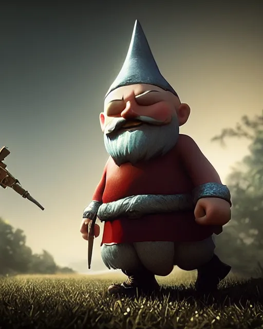 Image similar to bald gnome big white beard, dagger, bomb, running, field, angry, hyper realism, cinematic, volumetric lighting, high detail, octane render, depth of field, dnd, extremely detailed, very sharp, in the style of greg rutkowski