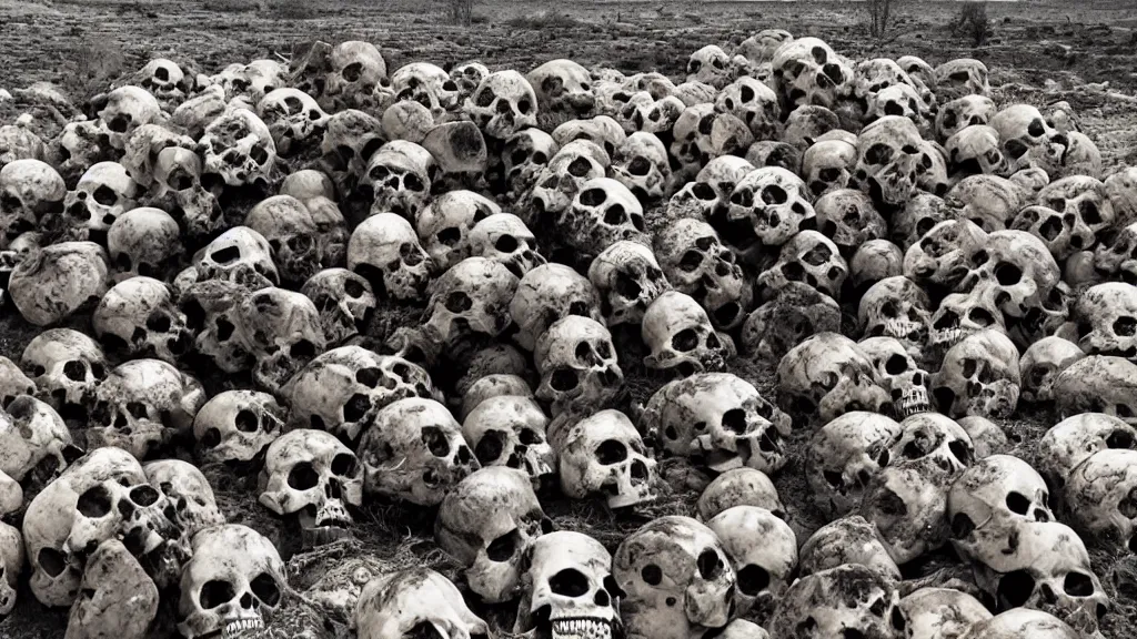 Image similar to a big pile of human skulls in a wasteland with vultures