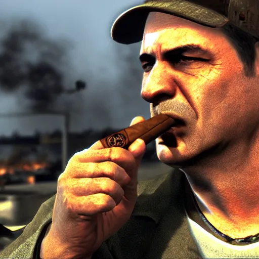 Prompt: Raul Menendez smoking a cigar, Black Ops 2 screenshot