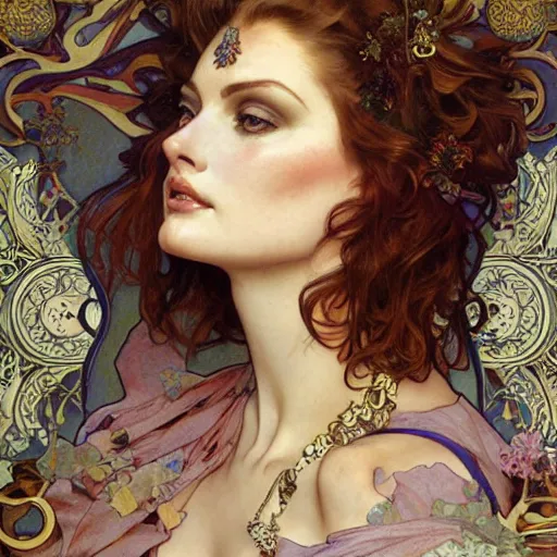 Prompt: realistic detailed face portrait of Linda Evangelista as a Pre-Raphaelite Queen by Alphonse Mucha, Ayami Kojima, Amano, Charlie Bowater, Karol Bak, Greg Hildebrandt, Jean Delville, and Mark Brooks, Art Nouveau, Neo-Gothic, gothic, rich deep moody colors