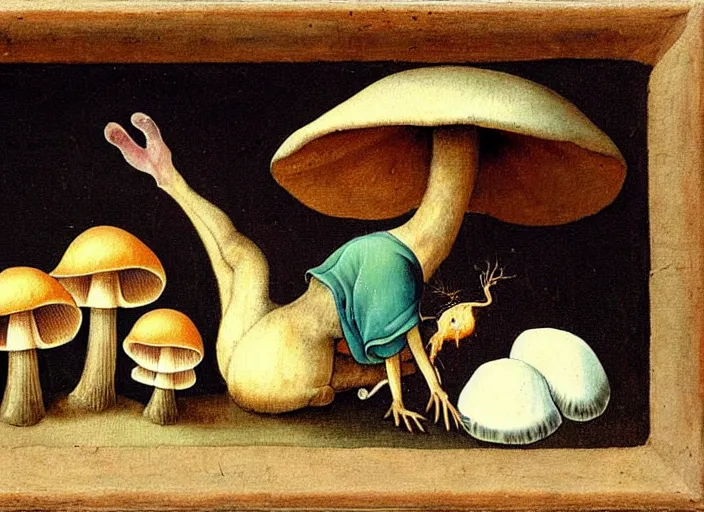 Image similar to a painting of a cute creature sitting next to a mushroom, detailed, realistic, in style of hieronymus bosch