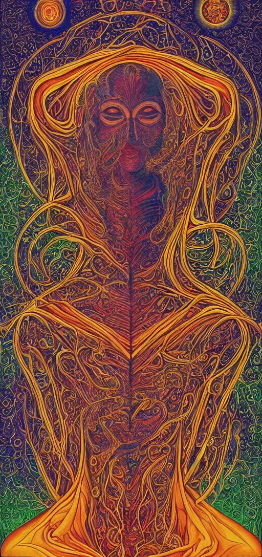 Image similar to alchemy and rosicrucianism fall in love, in the style of alex grey