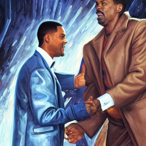 Prompt: a perfect, realistic professional oil painting in classicism style, of Will Smith slapping Chris Rock in a dystopian Grammy cathedral, close-up, by a really great American senior artist on ArtStation, a high-quality Hollywood-style concept