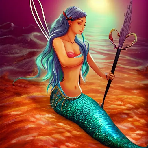 Prompt: beautiful mermaid guard holding a sharp trident, sea background with sea weeds and small sea creatures, fantasy game art