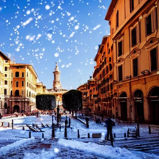 Image similar to The city of Rome under the snow on August. It's snowing everywhere on the entire cityscape of Rome under a blue sky and a very hot sun. It's crazy hot with red flames everywhere but also very big snowflakes. People wear swimsuits and are very puzzled.