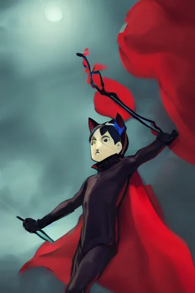 Image similar to little boy with cat ears in an black outfit with red cape. digital artwork made by lois van baarle and james jean and marc simonetti, sharpness focus, inspired by hirohiko araki, anatomically correct, heroic composition, hero pose, smooth