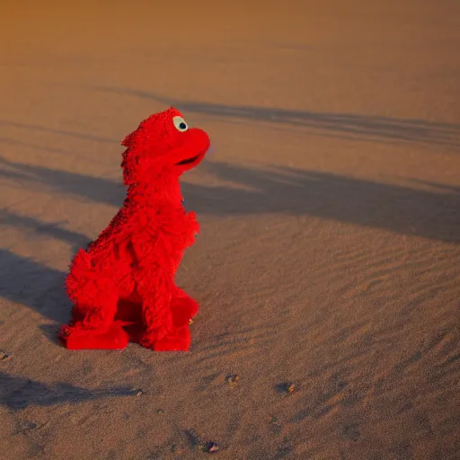 Prompt: Elmo dressed as a United States Marine in the desert sitting in a desert village, 8k, dramatic, depth of field,