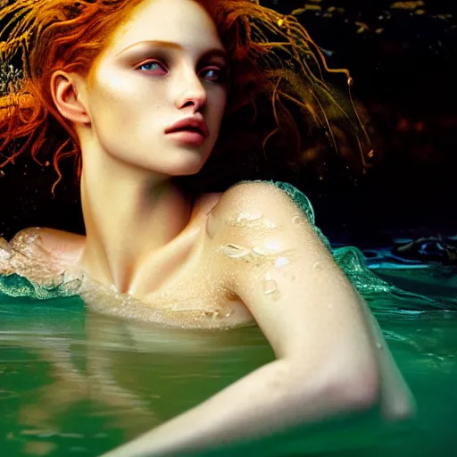Prompt: photographic portrait of a stunningly beautiful siren renaissance female, in the water, in soft dreamy light at sunset, contemporary fashion shoot, by edward robert hughes, annie leibovitz and steve mccurry, david lazar, jimmy nelsson, extremely detailed, breathtaking, hyperrealistic, perfect face, octane render