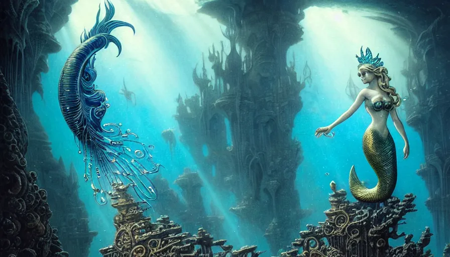 Prompt: a graceful beautiful mermaid looking at the sunken city of Atlantis deep under water, stunning undersea intricate detailed grand architecture in the style of Joe Fenton, art style by Greg Rutkowski and Mohrbacher, deep underwater scene, dark and moody, rays of sunlight, faint volumetric god rays, grim crushing atmosphere, trending on artstation, masterpiece, claustrophobic, 8k octane beautifully detailed render, post-processing, extremely hyperdetailed, intricate, epic composition, grim yet sparkling atmosphere, cinematic lighting + masterpiece, trending on artstation, very detailed