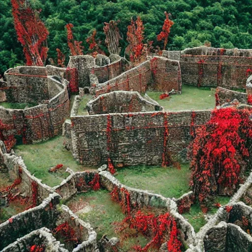 Image similar to the ruins of a giant village made out of stone, overgrown with red and black vines