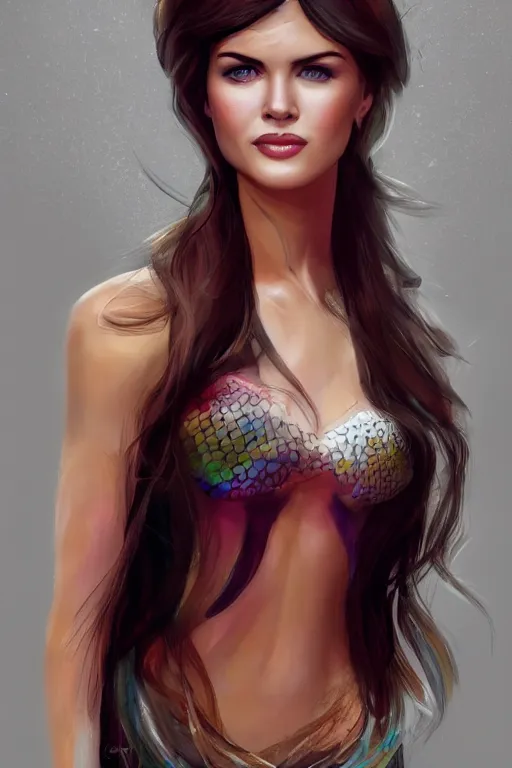 Image similar to mix of beautiful young maria shriver, mariel hemmingway, brooke shields, nicole kidman and elle macpherson as a mermaid, thin lips, hair tied up in a pony tail, dark hair, colorful, artstation, cgsociety