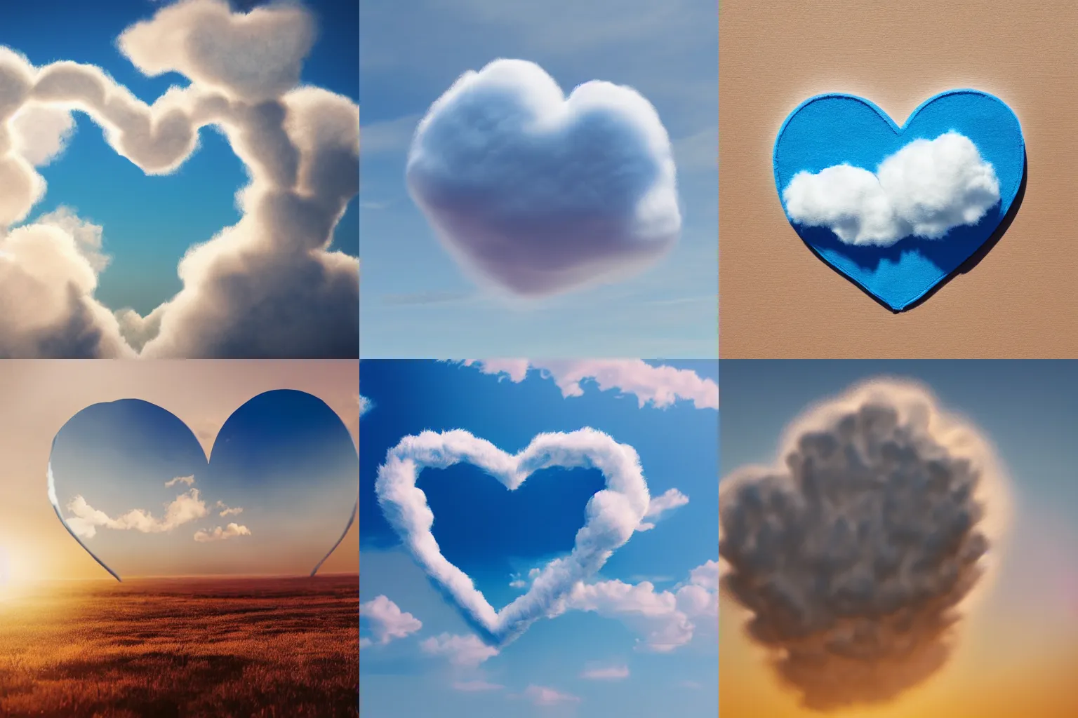 Prompt: beautiful fluffy cloud in shape of heart on clear blue sky, epic. 1 0 0 mm, sunny day, hyper realism, photo, realistic, soft, volume light, sss, octane render