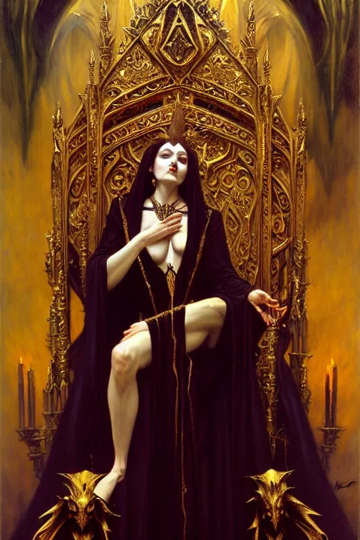 Image similar to full body portrait of beautiful vampire queen in gold gothic robe sitting on a throne of bones, elegant, highly detailed painting by gaston bussiere, craig mullins, j. c. leyendecker, 8 k, mid shot