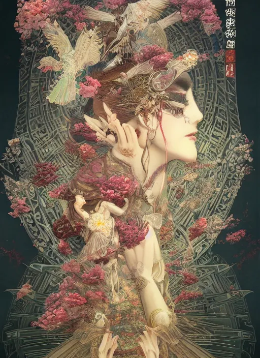 Prompt: portrait full three kingdom breathtaking detailed concept art painting art deco pattern of birds goddesses amalmation flowers head thibetan temple, by hsiao ron cheng, tetsuya ichida, bizarre compositions, tsutomu nihei, exquisite detail, extremely moody lighting, 8 k, art nouveau, old chines painting, art nouveau