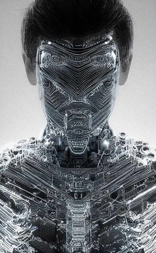 Prompt: an intricate, detailed face of asian boy, translucent greebles, electronic circuits made of glittering laserbeams, bioluminescence skin with ferrofluids on it, unreal engine, trending on artstation, bladerunner 2049