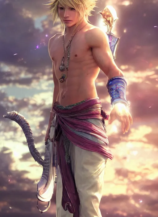 Image similar to a Photorealistic dramatic hyperrealistic render of a beautiful Final Fantasy 10 character Tidus by WLOP,Artgerm,Greg Rutkowski,Alphonse Mucha, Beautiful dynamic dramatic dark moody lighting,shadows,cinematic atmosphere,Artstation,concept design art,Octane render,8K