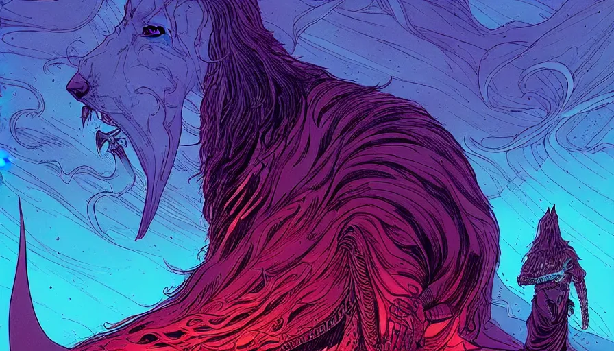 Prompt: blaidd wolf from elden ring by moebius and kilian eng, atmospheric, fine details, vivid, neon, masterpiece