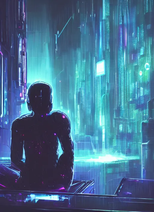 Image similar to lonely one cyber godly person made of cosmic nebula galaxy energy watching a vast rainy colorful complex cyberpunk futuristic city from behind at night through a window in a room, 8 k, photorealistic, concept art, wet, highly detailed, cinematic mood by ridley scott, ghost in the shell, akita, digital painting, trending on artstation, glowing lights, sharp focus, epic