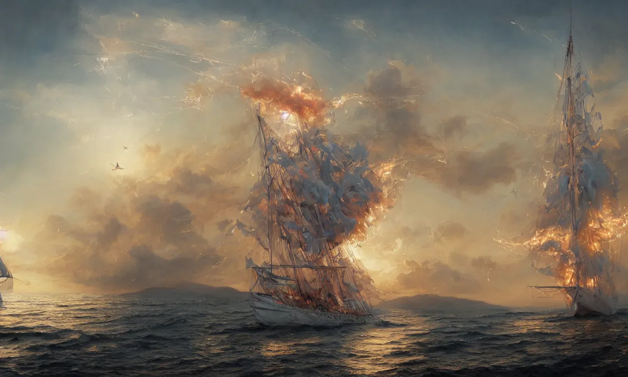 Prompt: a beautiful digital painting of a white caravel on fire flying in the clouds, birds and embers in the sunlight, numerous burning ropes and intricated sails, blue sky at sunset, elegant, highly detailed, artstation, concept art, matte, sharp focus, art by tom bagshaw, kelogsloops and greg rutkowski