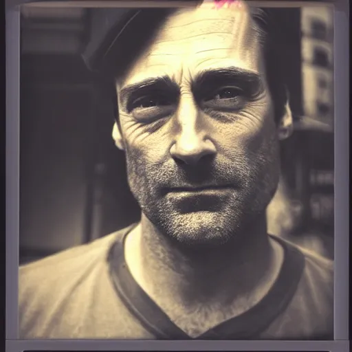 Image similar to polaroid picture, sepia, homeless jon hamm in the streets of houston, unshaved, perfect face, symmetrical face, fine details, day setting, ethereal, trending on artstation