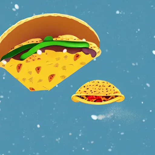 Image similar to a comically large taco falling from the sky onto a town