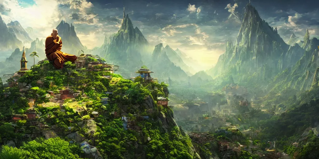 Prompt: a cinematic composition where a monk sits atop a mountain radiating his transformative energy to shift the cyberpunk civilization in the valley to a lush green overgrowing solarpunk civilization that is on top of the mountain