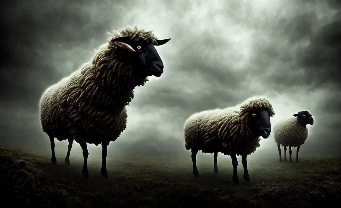 Image similar to epic professional digital art of monstrous sheep, moody atmospheric lighting, intricate, foreboding, detailed, by leesha hannigan, ayne haag, reyna rochin, ignacio fernandez rios, mark ryden, iris van herpen, artstation, cgsociety, epic, stunning, gorgeous, much wow, cinematic, masterpiece.