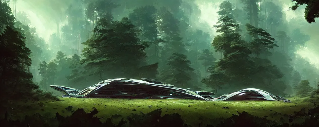 Image similar to a giant spaceship wrecked and lost in the forest, detailed digital art by greg rutkowski.