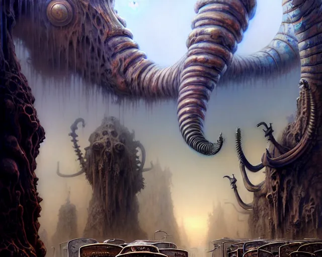 Prompt: street view of a mammoth graveyard, fantasy landscape made of fractals facing each other, ultra realistic, wide angle, intricate details, the fifth element artifacts, highly detailed by peter mohrbacher, hajime sorayama, wayne barlowe, boris vallejo, aaron horkey, gaston bussiere, craig mullins
