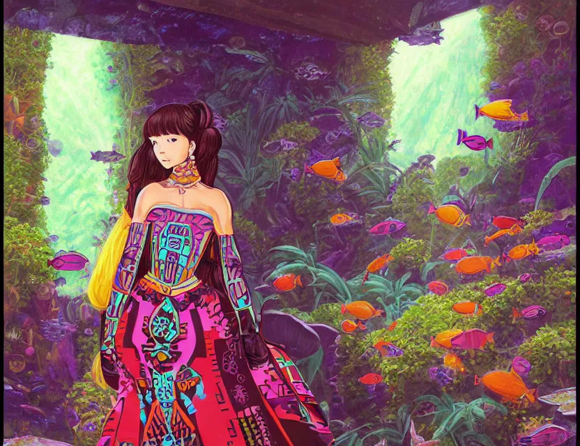 Prompt: aztec scifi princess in a planted aquarium, wearing a lovely dress. this oil painting by the award - winning mangaka has an interesting color scheme and impeccable lighting.