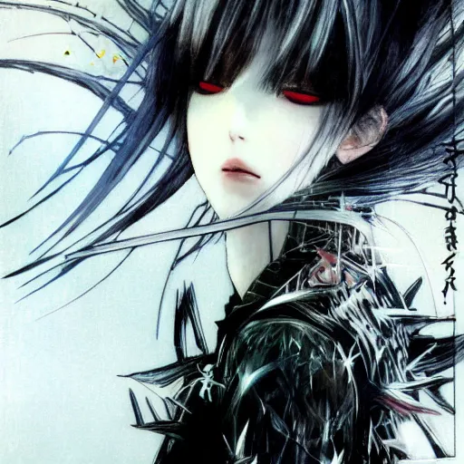 Prompt: Yoshitaka Amano blurred and dreamy illustration of an anime girl with black eyes, wavy white hair fluttering in the wind and cracks on her face wearing elden ring spiky armor, abstract black and white patterns on the background, noisy film grain effect, highly detailed, Renaissance oil painting, weird portrait angle, evangelion color palette