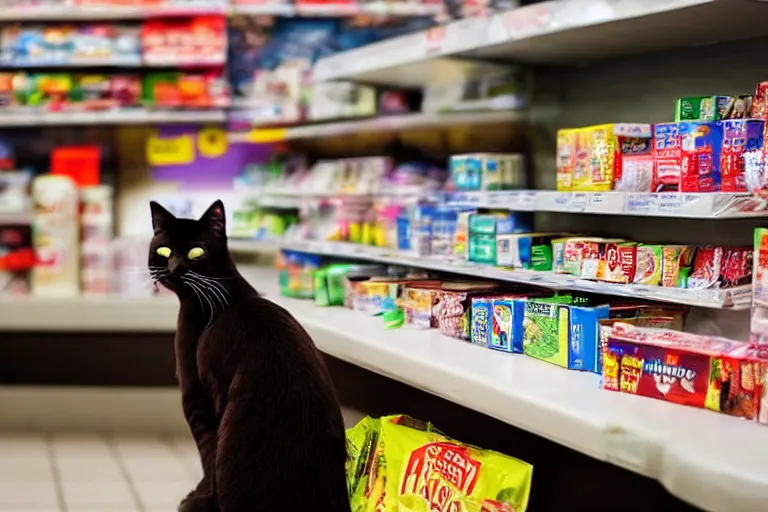 Image similar to cat on the counter in 7 - eleven next to a pack of cigarettes wide angle lens