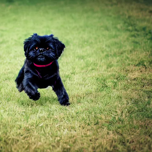 Prompt: 8k photo of black shih tzu playing in a field, lots of light