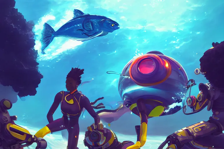 Prompt: afro - futurist scuba divers swimming away from a gigantic alien fish | hyperrealistic digital painting by makoto shinkai, ilya kuvshinov, lois van baarle, rossdraws | afrofuturism in the style of hearthstone and overwatch, trending on artstation