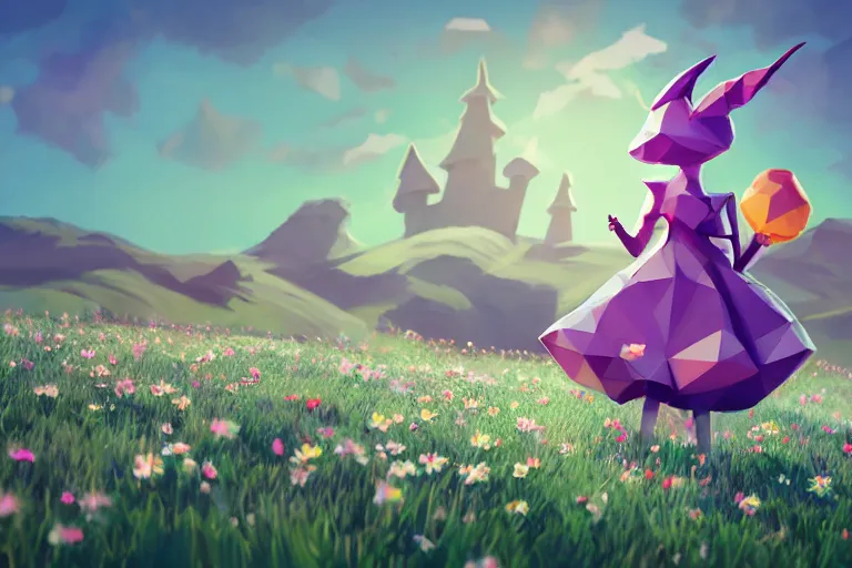 Prompt: ( lowpoly ) ps 1 playstation 1 9 9 9 running anthropomorphic lurantis maid wearing witch hat holding a swadloon standing in a field of daisies, mount coronet in the distance digital illustration by ruan jia on artstation