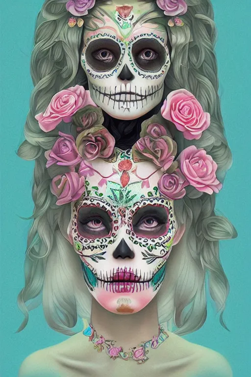 Image similar to Illustration of a sugar skull day of the dead girl, art by hsiao ron cheng