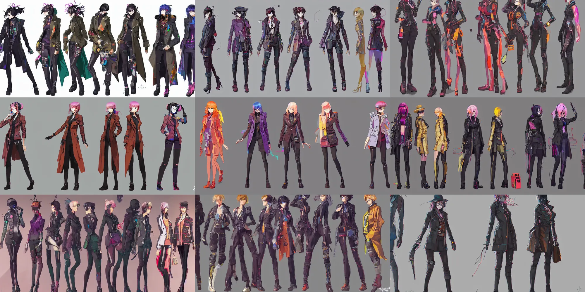 Prompt: detailed colorful full body cyberpunk detective wearing trench coat female character concepts by senior concept artist, clear forms, strong shapes, concept art, in the anime film, featured on artstation, anime aesthetic
