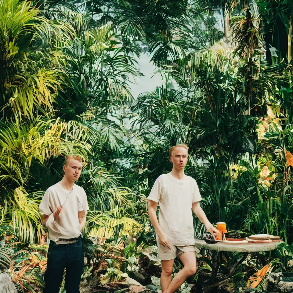 Prompt: portrait of a millenial polish man with short blonde hair, during midday, in a tropical garden, colorful reflections, kodak portra 400, 55 mm, 1.8