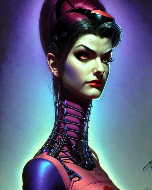 Prompt: widowmaker from overwatch, character portrait, portrait, close up, concept art, intricate details, highly detailed, vintage sci - fi poster, retro future, in the style of chris foss, rodger dean, moebius, michael whelan, and gustave dore