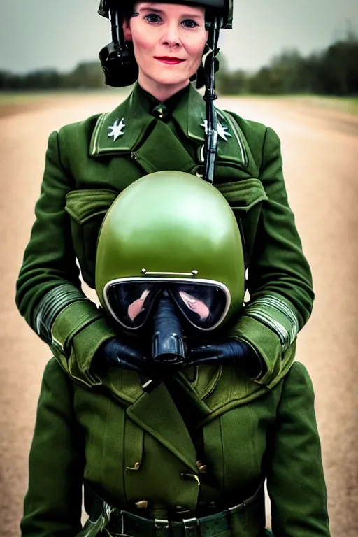 Prompt: 5 0 mm f 8 full body portrait photography of a retro future wwii airborne infantry soldier riding a futuristic motorcycle who's a mix of claire danes and liv ullmann with green eyes and very long striped hair, wearing an aaf wwii leather flying helmet and goggles, with green eyes, smirking, setting is wwii trenches, by jovana rikalo