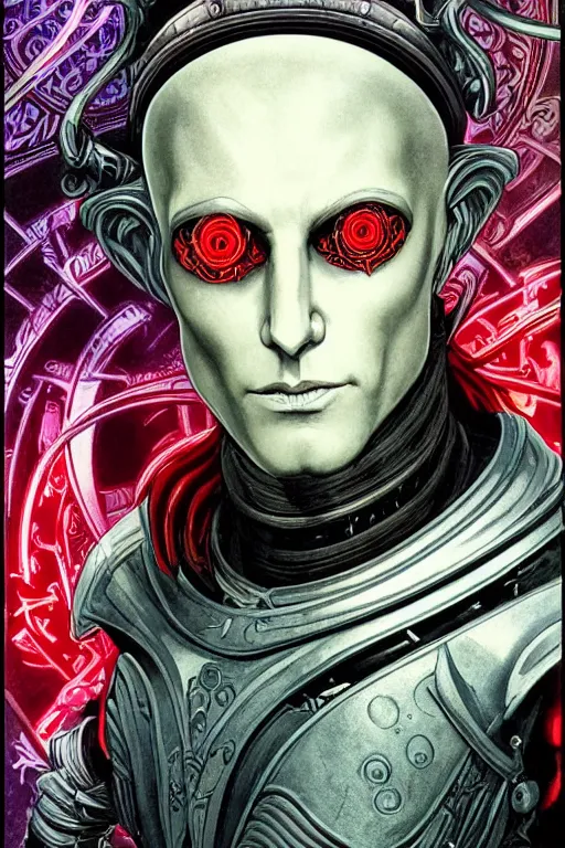 Image similar to a stunning and hypnotic full-color art nouveau and cyberpunk styled bust portrait of elric as a godlike and stoic chaos king, with violent conquering red eyes, extremely detailed aquiline facial structure, art nouveau cybernetic armor and an intricately detailed black sword of magical power, perfectly symmetrical albino facial structure and linework, handsome alien facial characteristics, by travis charesyt, michael kaluta, michael whelan and bill sienkiewicz, dark sci-fantasy, deep complexity, male face and bust, sci-fi character concept, photorealism, art nouveau framing, stunning lighting, hyperrealism, 8k